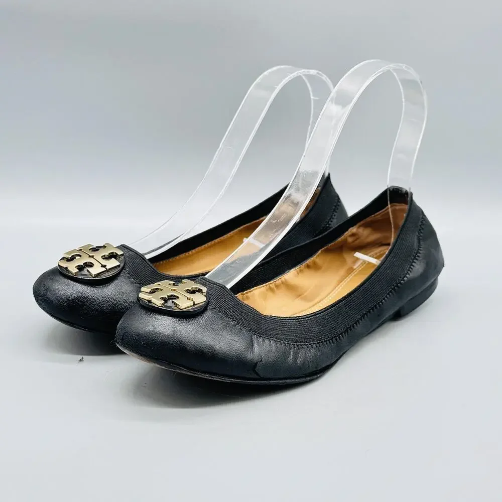 Tory Burch Shoes Womens 6 Black Leather Reva Ballet Flats Gold Logo Slip On